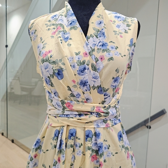 Yellow Sleeveless Floral Wrap Midi Dress Silk - Picture 3 of 6